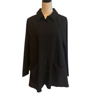KOZAN Black Pinstriped Button Down Oversized Tunic Top Medium Lagenlook